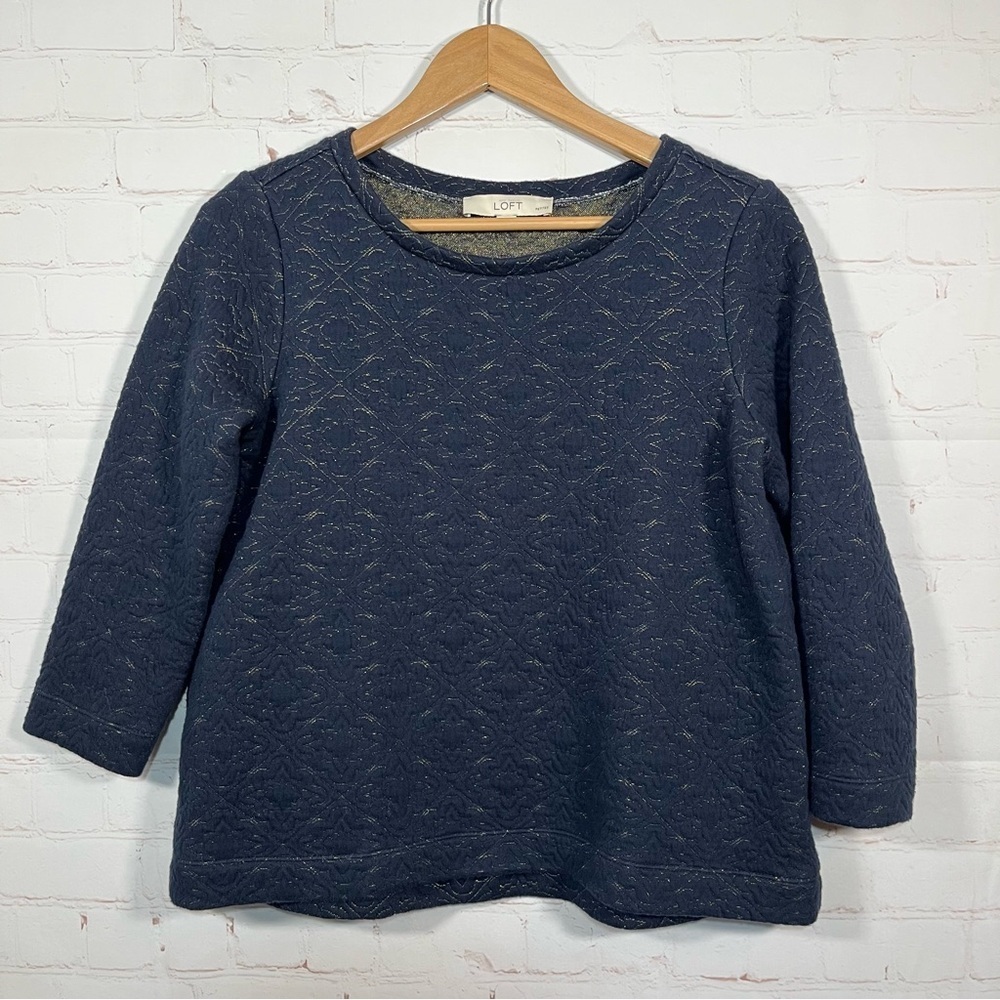 LOFT Petites 3/4 Sleeve Textured Sweater Women’s Size Small Petite Blue Metallic